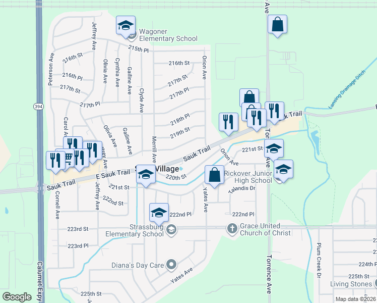 map of restaurants, bars, coffee shops, grocery stores, and more near 2065 219th Place in Sauk Village