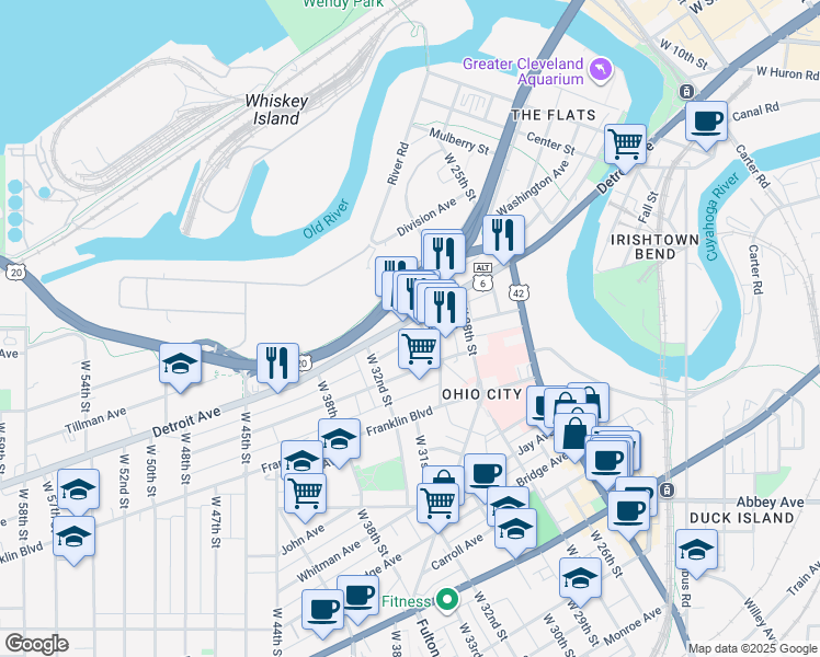 map of restaurants, bars, coffee shops, grocery stores, and more near 2915 Detroit Avenue in Cleveland