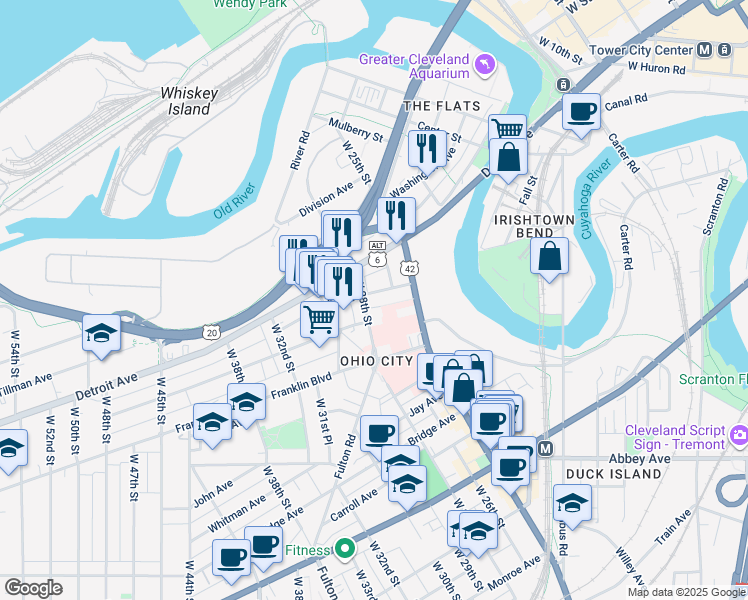 map of restaurants, bars, coffee shops, grocery stores, and more near 2711 Church Avenue in Cleveland
