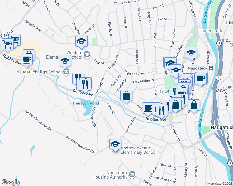 map of restaurants, bars, coffee shops, grocery stores, and more near 35 Beebe Street in Naugatuck