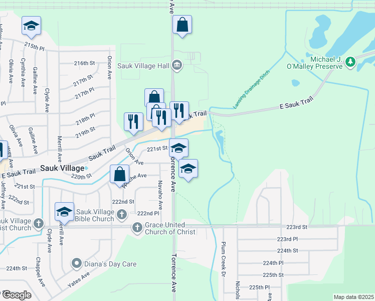 map of restaurants, bars, coffee shops, grocery stores, and more near 2608 Marigold Drive in Sauk Village