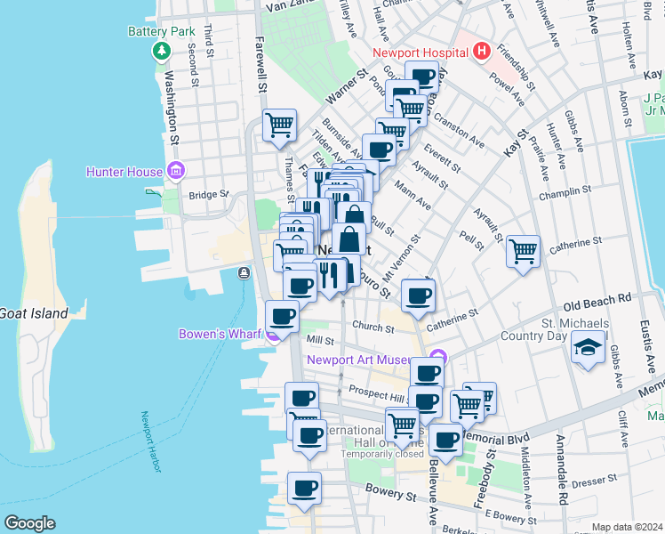 map of restaurants, bars, coffee shops, grocery stores, and more near 45 Washington Square in Newport