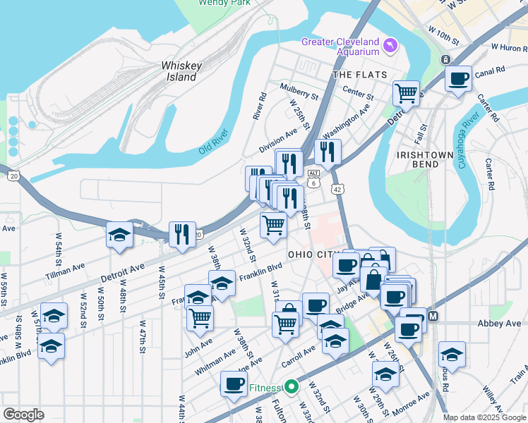 map of restaurants, bars, coffee shops, grocery stores, and more near 2908 Church Avenue in Cleveland