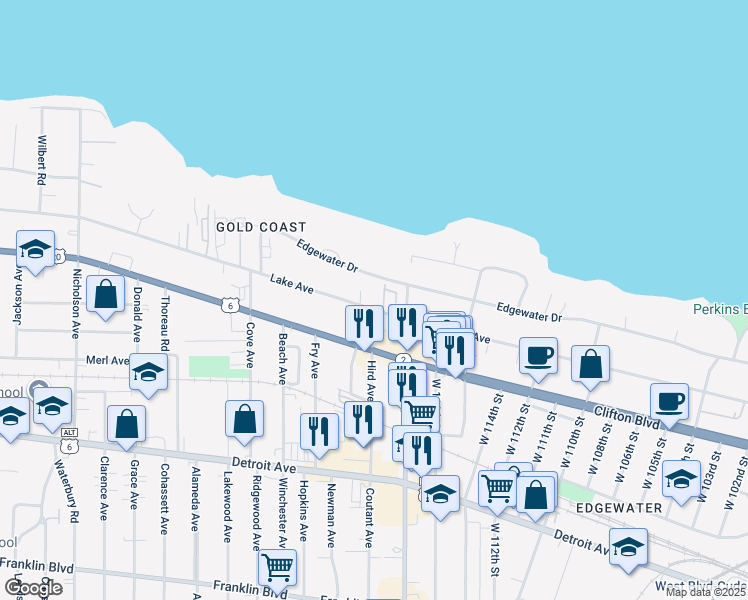 map of restaurants, bars, coffee shops, grocery stores, and more near 2 Edgewater Square in Lakewood