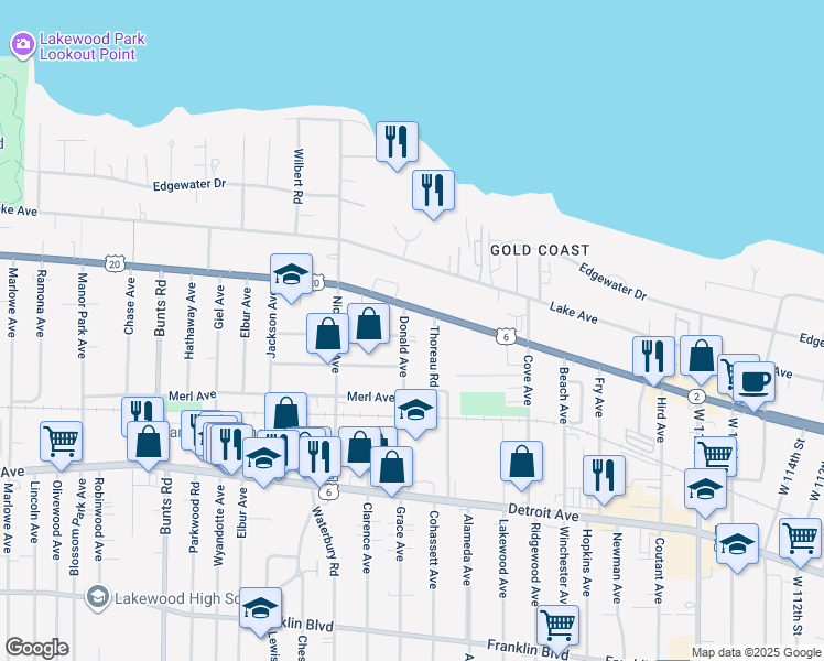 map of restaurants, bars, coffee shops, grocery stores, and more near 12925 Clifton Boulevard in Lakewood
