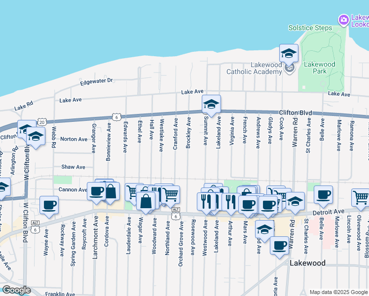 map of restaurants, bars, coffee shops, grocery stores, and more near 1227 Brockley Avenue in Lakewood