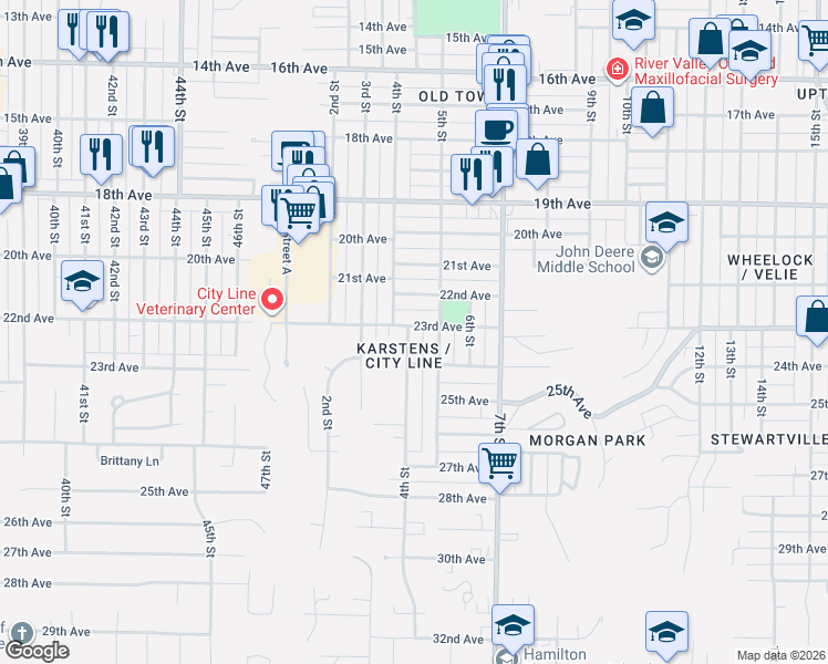 map of restaurants, bars, coffee shops, grocery stores, and more near 433 23rd Avenue in Moline