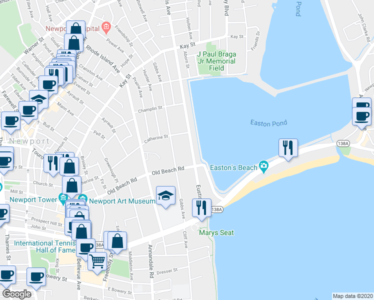 map of restaurants, bars, coffee shops, grocery stores, and more near 179 Eustis Avenue in Newport