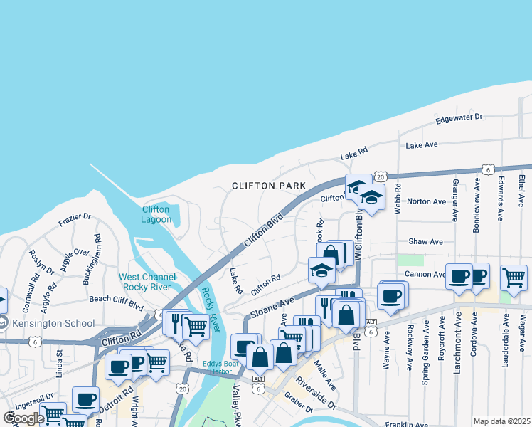 map of restaurants, bars, coffee shops, grocery stores, and more near 1101 Forest Road in Lakewood