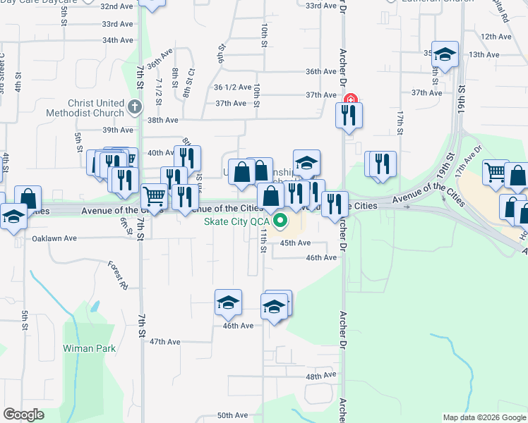 map of restaurants, bars, coffee shops, grocery stores, and more near 1098 Avenue Of The Cities in East Moline