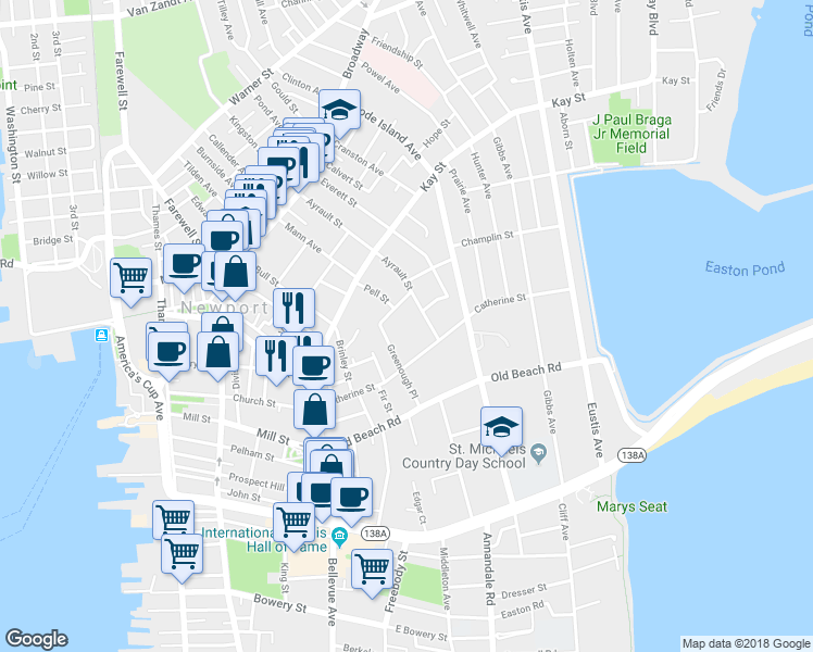 map of restaurants, bars, coffee shops, grocery stores, and more near 25 Greenough Place in Newport