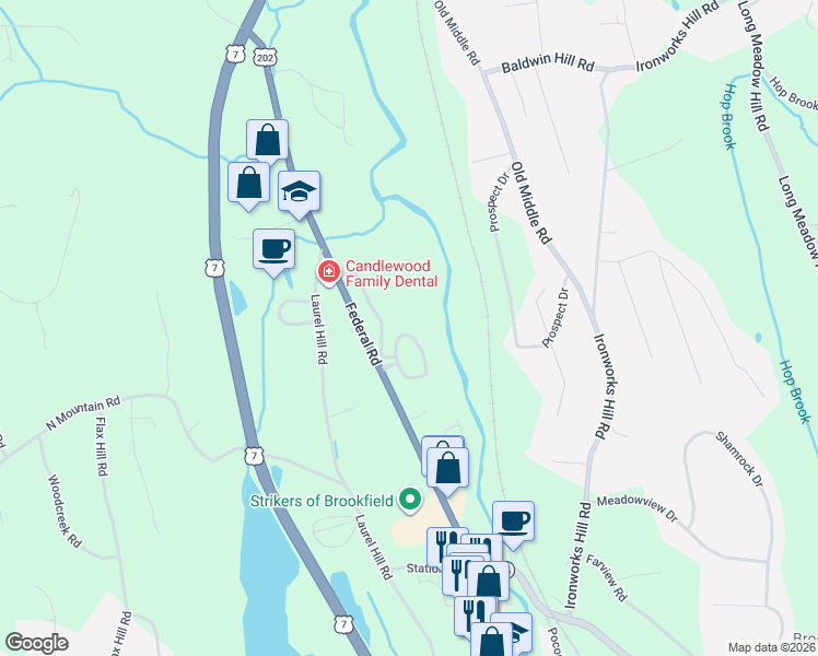 map of restaurants, bars, coffee shops, grocery stores, and more near 115 Still Water Circle in Brookfield
