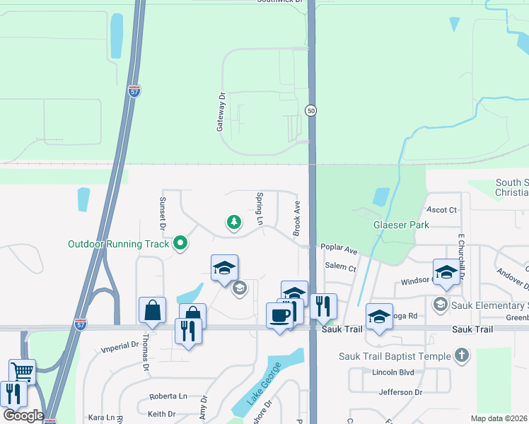 map of restaurants, bars, coffee shops, grocery stores, and more near 22057 Spring Lane in Richton Park