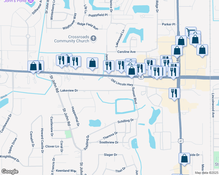 map of restaurants, bars, coffee shops, grocery stores, and more near 1223 Old Lincoln Highway in Schererville