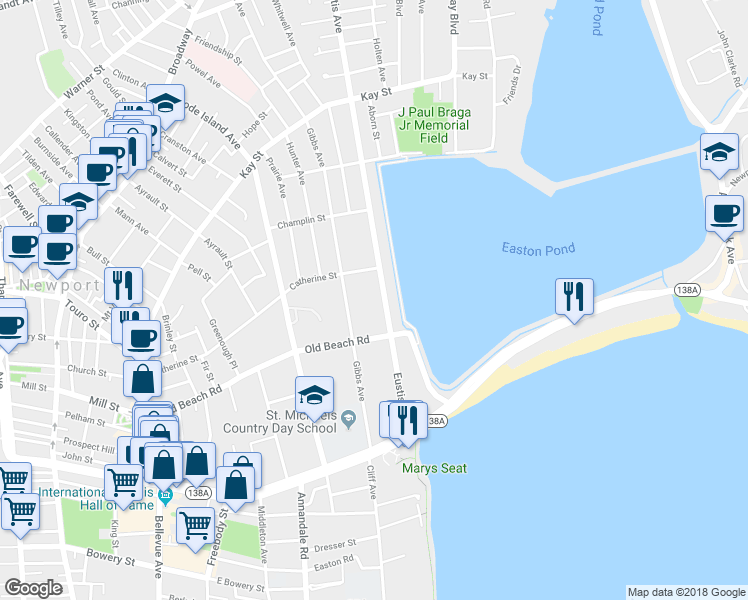 map of restaurants, bars, coffee shops, grocery stores, and more near 171 Eustis Avenue in Newport