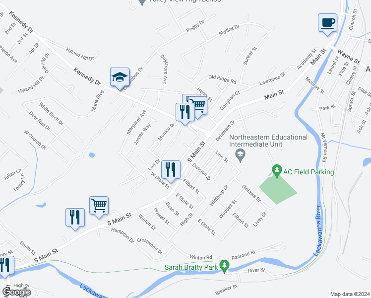 map of restaurants, bars, coffee shops, grocery stores, and more near 7 Kennedy Drive in Archbald