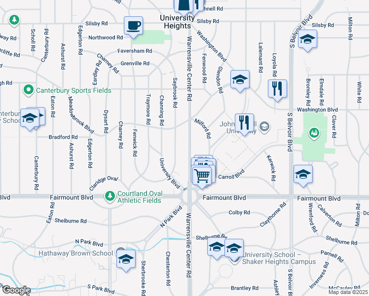 map of restaurants, bars, coffee shops, grocery stores, and more near 2556 Warrensville Center Road in Cleveland