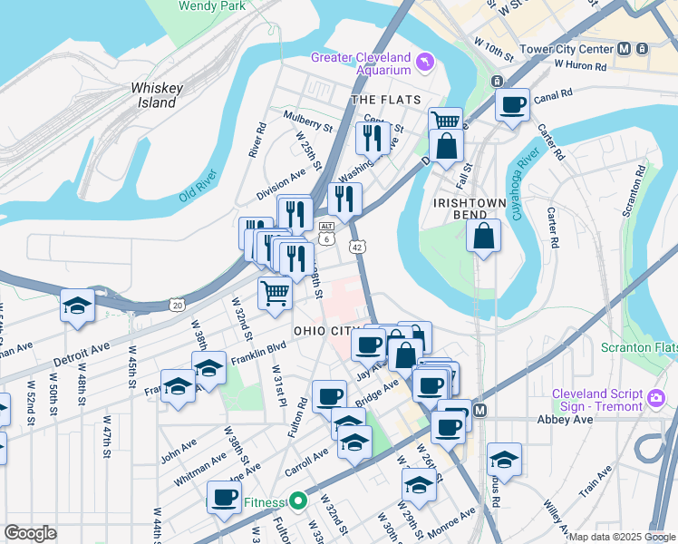 map of restaurants, bars, coffee shops, grocery stores, and more near 2600 Church Avenue in Cleveland