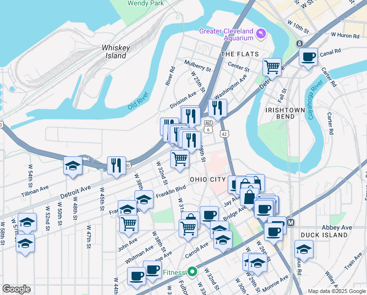 map of restaurants, bars, coffee shops, grocery stores, and more near 2908 Church Avenue in Cleveland