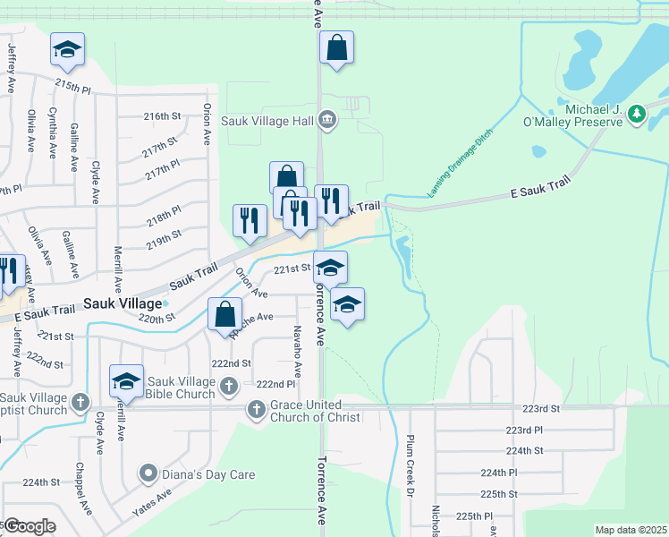map of restaurants, bars, coffee shops, grocery stores, and more near 2601 Marigold Drive in Chicago Heights