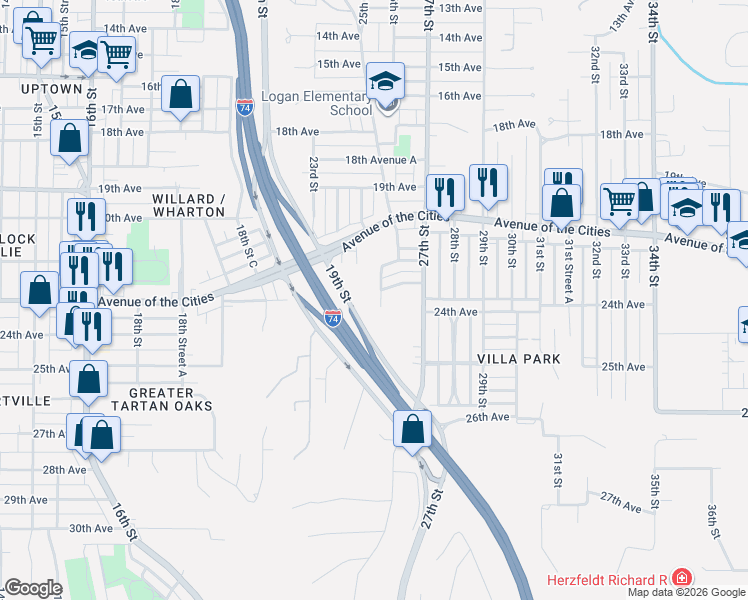 map of restaurants, bars, coffee shops, grocery stores, and more near 2371 24th Street in Moline