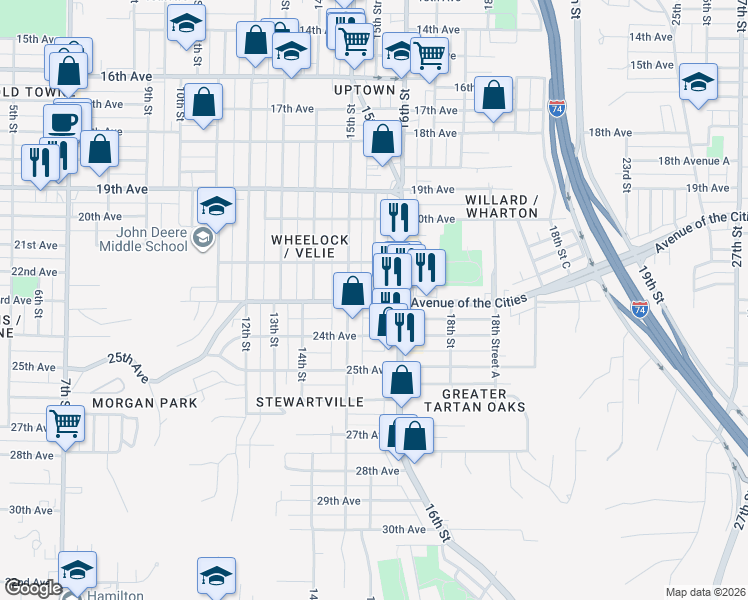 map of restaurants, bars, coffee shops, grocery stores, and more near 1524 23rd Avenue in Moline