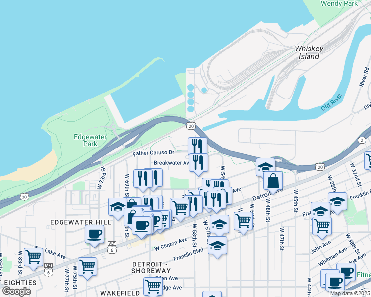 map of restaurants, bars, coffee shops, grocery stores, and more near 5900 Father Caruso Drive in Cleveland