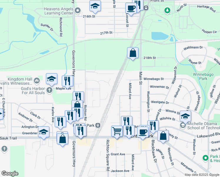map of restaurants, bars, coffee shops, grocery stores, and more near 4087 Appleby Court in Richton Park