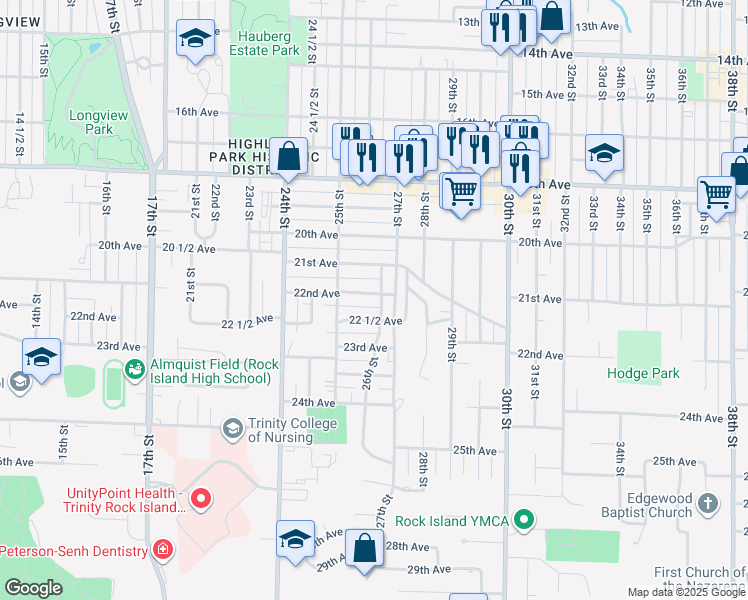 map of restaurants, bars, coffee shops, grocery stores, and more near 2127 26th Street in Rock Island