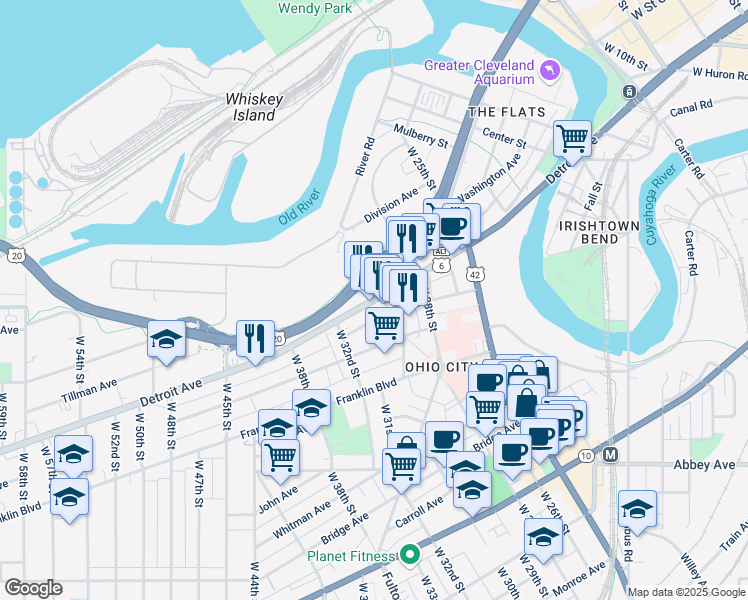 map of restaurants, bars, coffee shops, grocery stores, and more near 2911 Detroit Avenue in Cleveland