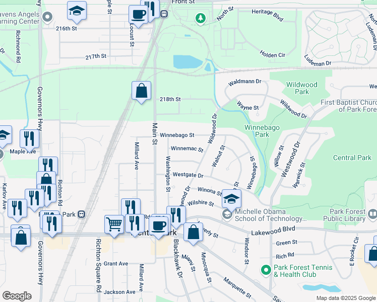 map of restaurants, bars, coffee shops, grocery stores, and more near 409 Winnemac Street in Park Forest