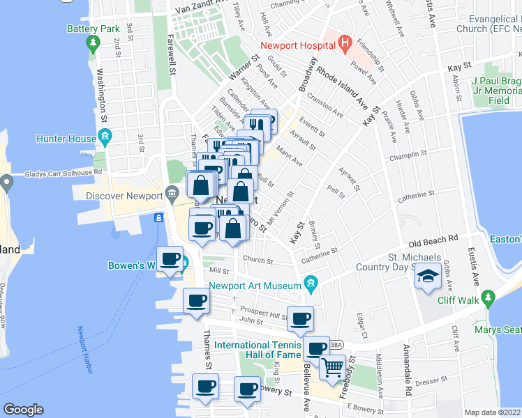 map of restaurants, bars, coffee shops, grocery stores, and more near 4 Barney Court in Newport