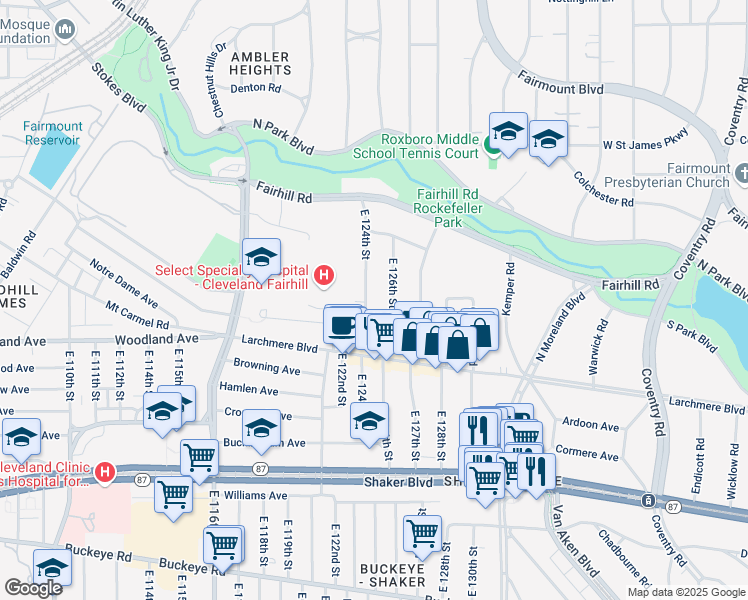 map of restaurants, bars, coffee shops, grocery stores, and more near 2512 East 126th Street in Cleveland