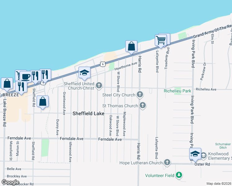 map of restaurants, bars, coffee shops, grocery stores, and more near 605 Oakwood Avenue in Sheffield Lake