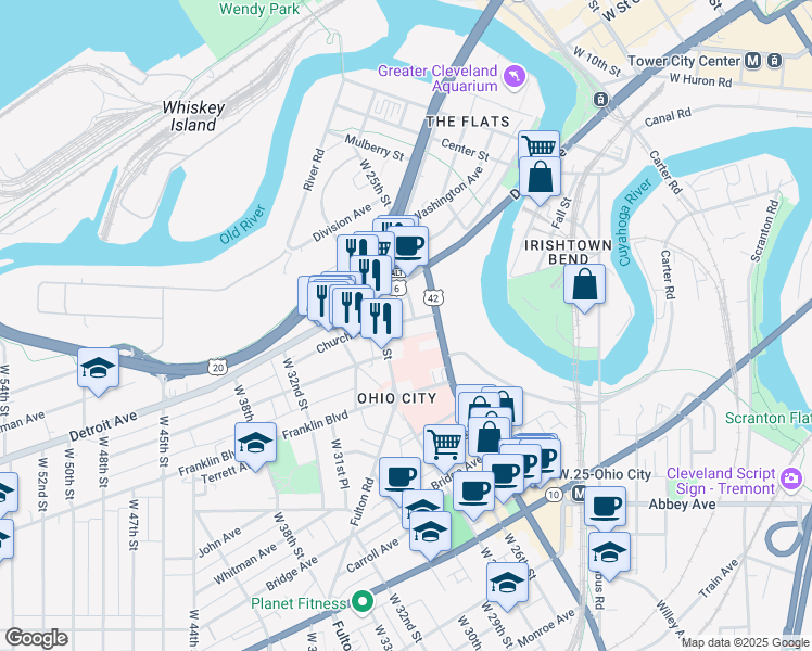 map of restaurants, bars, coffee shops, grocery stores, and more near 2711 Church Avenue in Cleveland