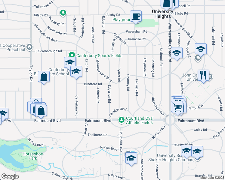map of restaurants, bars, coffee shops, grocery stores, and more near 2553 Edgerton Road in University Heights