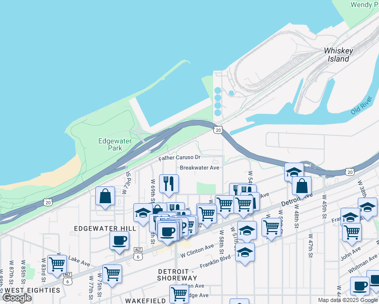 map of restaurants, bars, coffee shops, grocery stores, and more near 6060 Father Caruso Drive in Cleveland