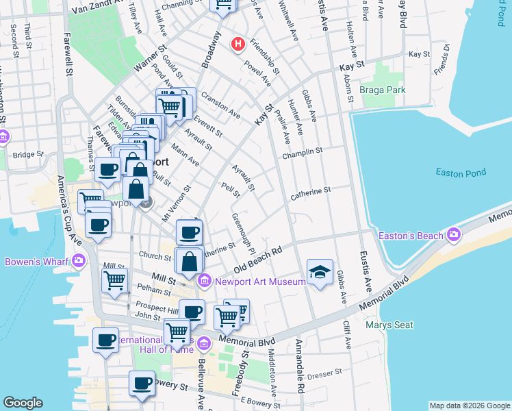 map of restaurants, bars, coffee shops, grocery stores, and more near 71 Ayrault Street in Newport