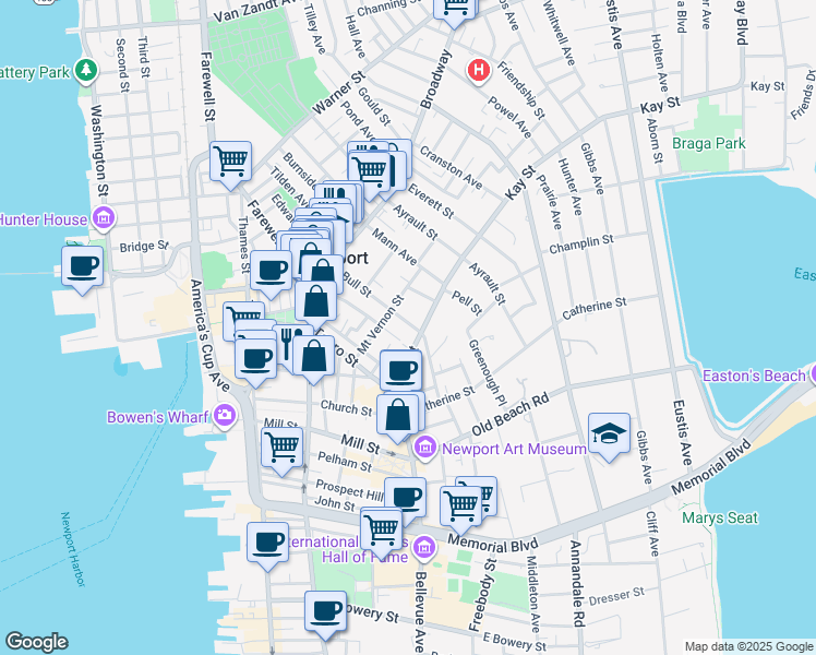 map of restaurants, bars, coffee shops, grocery stores, and more near 28 Kay Street in Newport