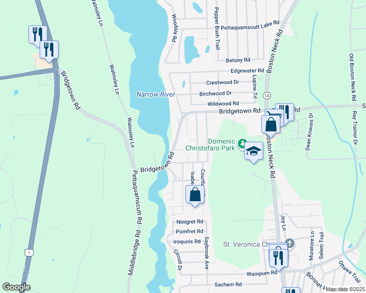 map of restaurants, bars, coffee shops, grocery stores, and more near 136 Bridgetown Road in Narragansett