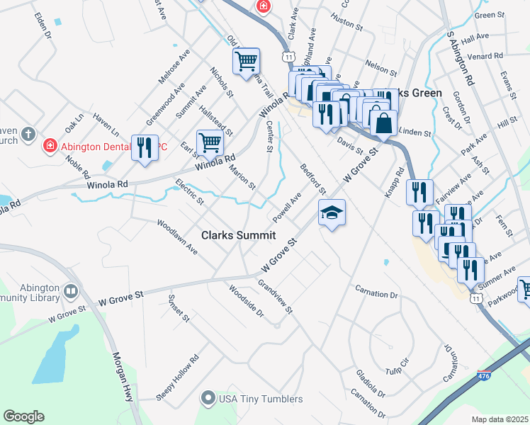 map of restaurants, bars, coffee shops, grocery stores, and more near 326-398 Marion Street in Clarks Summit