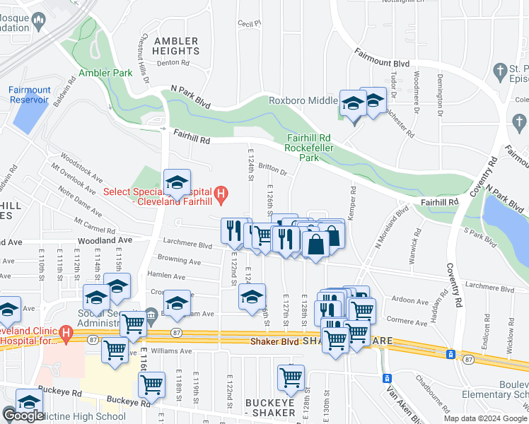 map of restaurants, bars, coffee shops, grocery stores, and more near 2512 East 126th Street in Cleveland