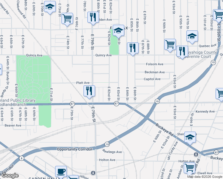 map of restaurants, bars, coffee shops, grocery stores, and more near 2519 East 83rd Street in Cleveland
