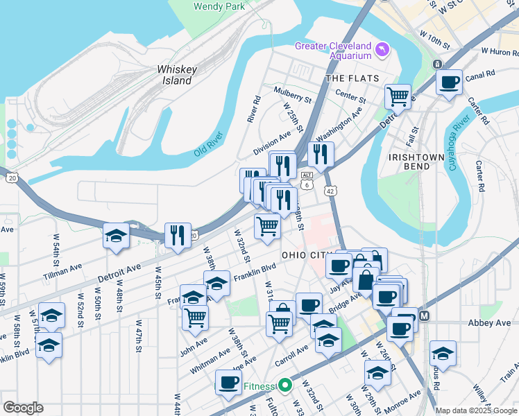 map of restaurants, bars, coffee shops, grocery stores, and more near 2908 Church Avenue in Cleveland