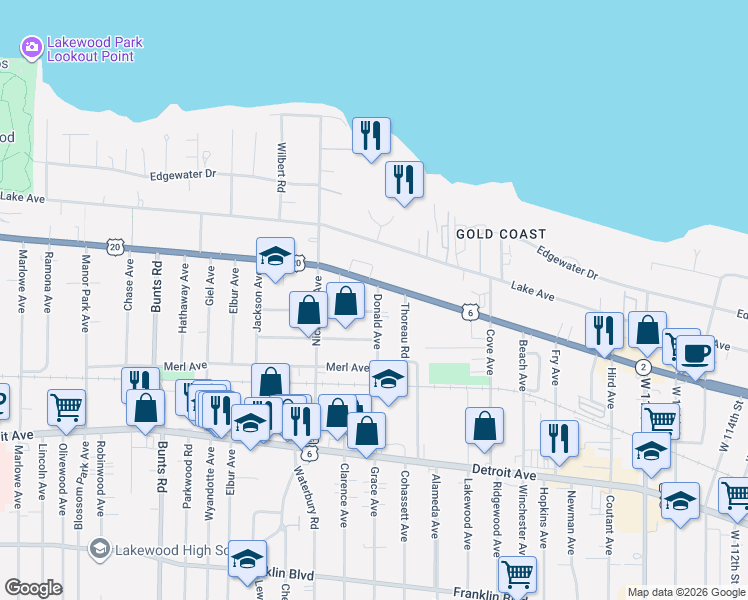 map of restaurants, bars, coffee shops, grocery stores, and more near 12925 Clifton Boulevard in Lakewood