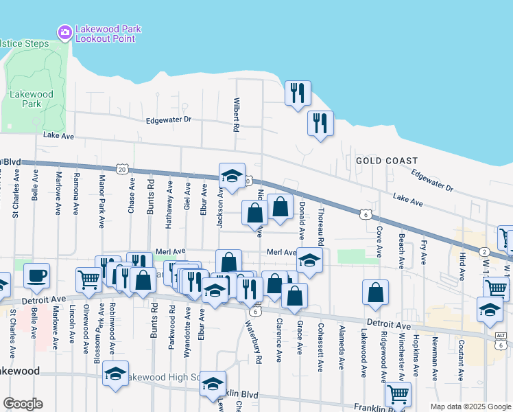 map of restaurants, bars, coffee shops, grocery stores, and more near 1212 Nicholson Avenue in Lakewood