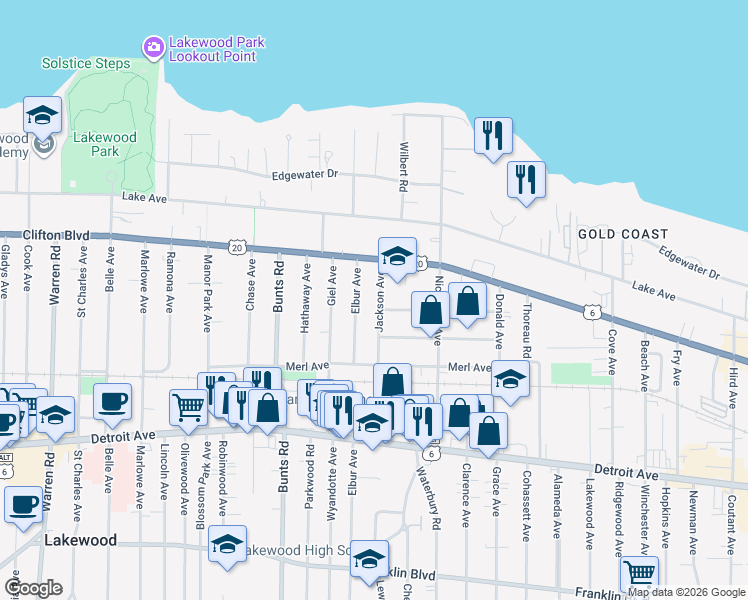 map of restaurants, bars, coffee shops, grocery stores, and more near 1185 Elbur Avenue in Lakewood
