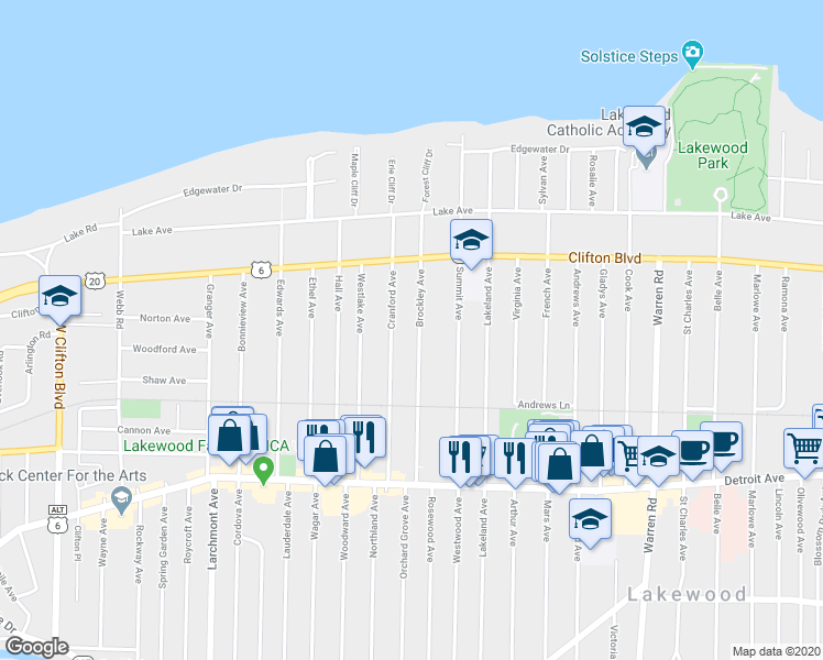 map of restaurants, bars, coffee shops, grocery stores, and more near 1227 Brockley Avenue in Lakewood