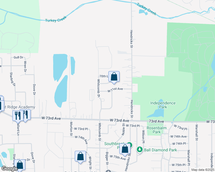 map of restaurants, bars, coffee shops, grocery stores, and more near 7071 Wallace St in Merrillville