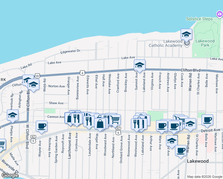 map of restaurants, bars, coffee shops, grocery stores, and more near 1230 Cranford Avenue in Lakewood